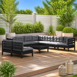 10 Piece Garden Lounge Set with Cushions Black Solid Pinewood Outdoor Patio