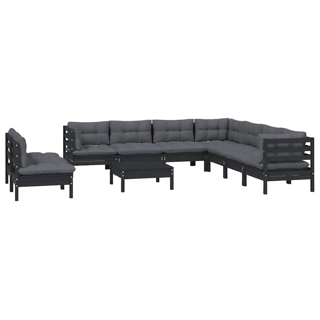 10PiecePatioLoungeSetBlackSolidPinewoodOutdoorCushionsModularDesign