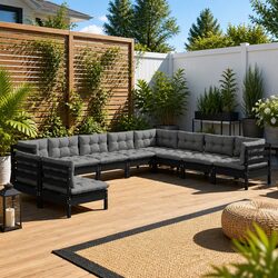Compact 10 Piece Black Outdoor Lounge Set with Cushions