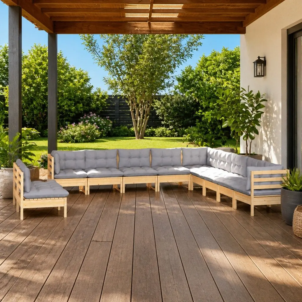 Garden Lounge Set 11 Piece Outdoor Patio Furniture Solid Pinewood Grey Cushions