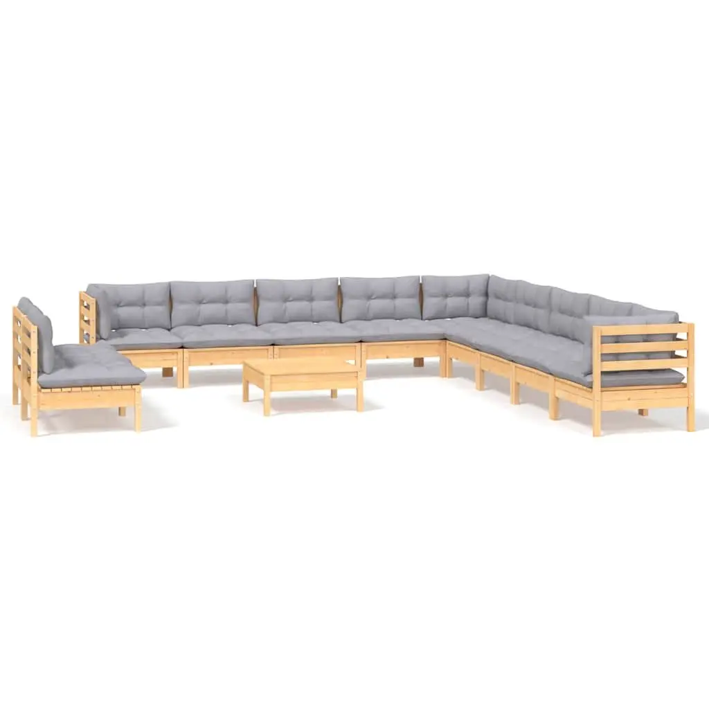 Garden Lounge Set 12 Piece Outdoor Patio Furniture Grey Cushions Pinewood