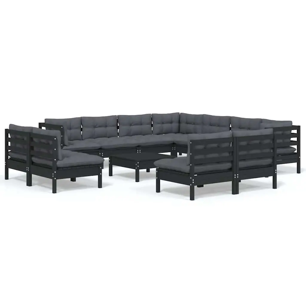 Modular Garden Lounge Set 12 Piece Black Solid Pinewood with Cushions
