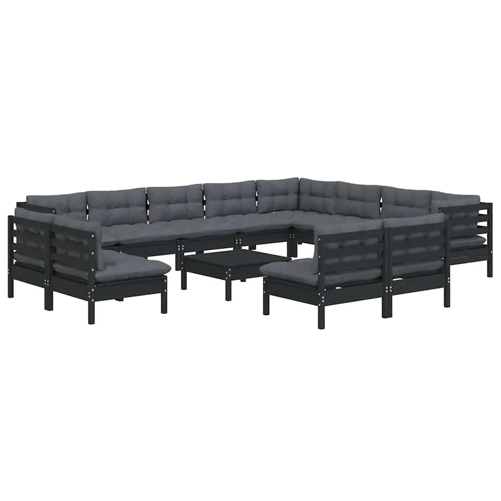 Modular Garden Lounge Set Black 13 Piece Solid Pinewood Cushions Outdoor