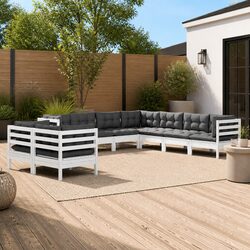 Garden Lounge Set 9 Piece White Solid Pinewood Outdoor Furniture with Cushions