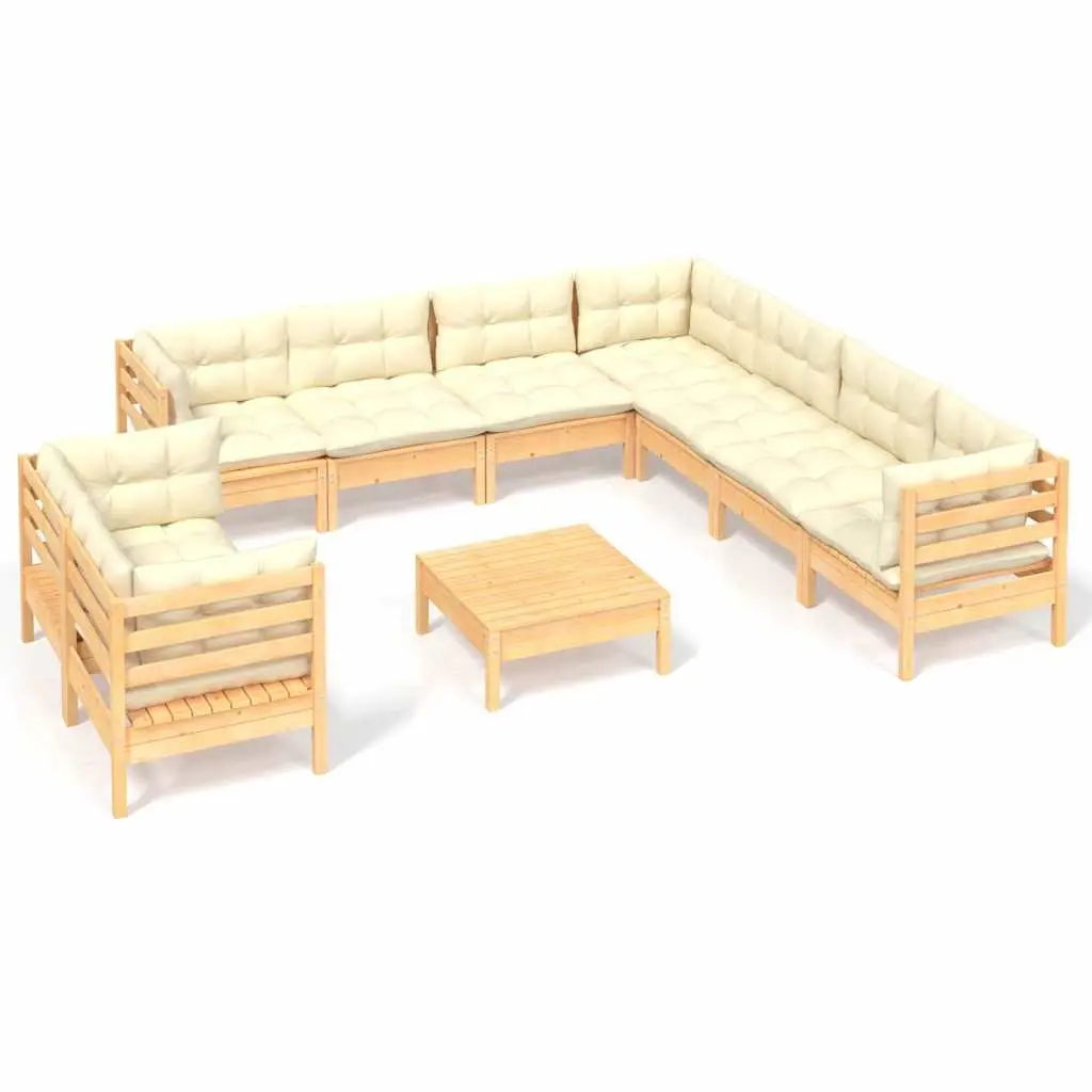 Garden Lounge Set 10 Piece Outdoor Patio Furniture Cream Cushions Pinewood