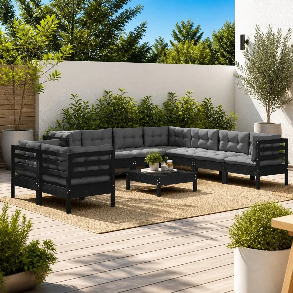 Garden Lounge Set 10 Piece Outdoor Patio Furniture Black with Cushions Modular