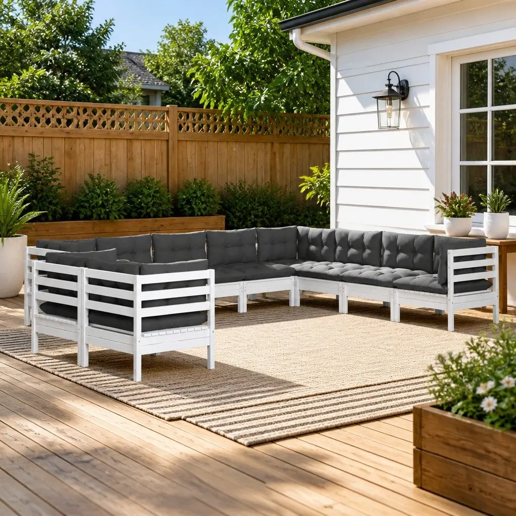 Garden Lounge Set White 10 Piece Modular Sofa Solid Pinewood with Cushions