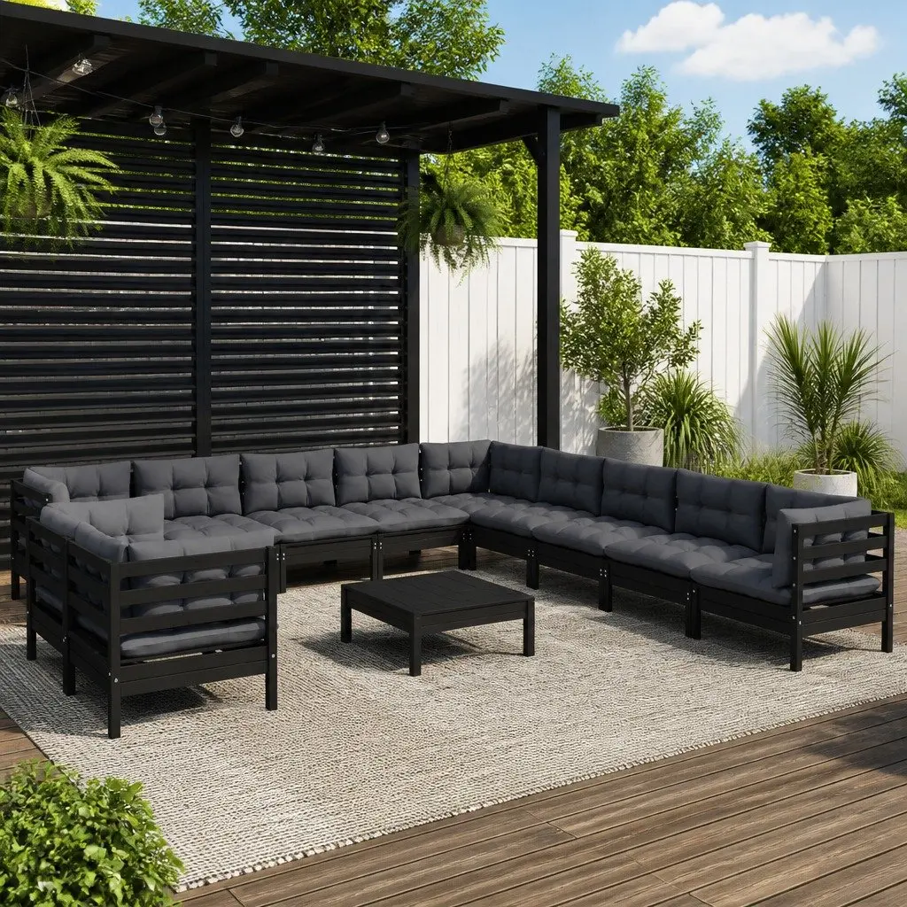 Garden Lounge Set Black 12 Piece Modular Outdoor Furniture with Cushions