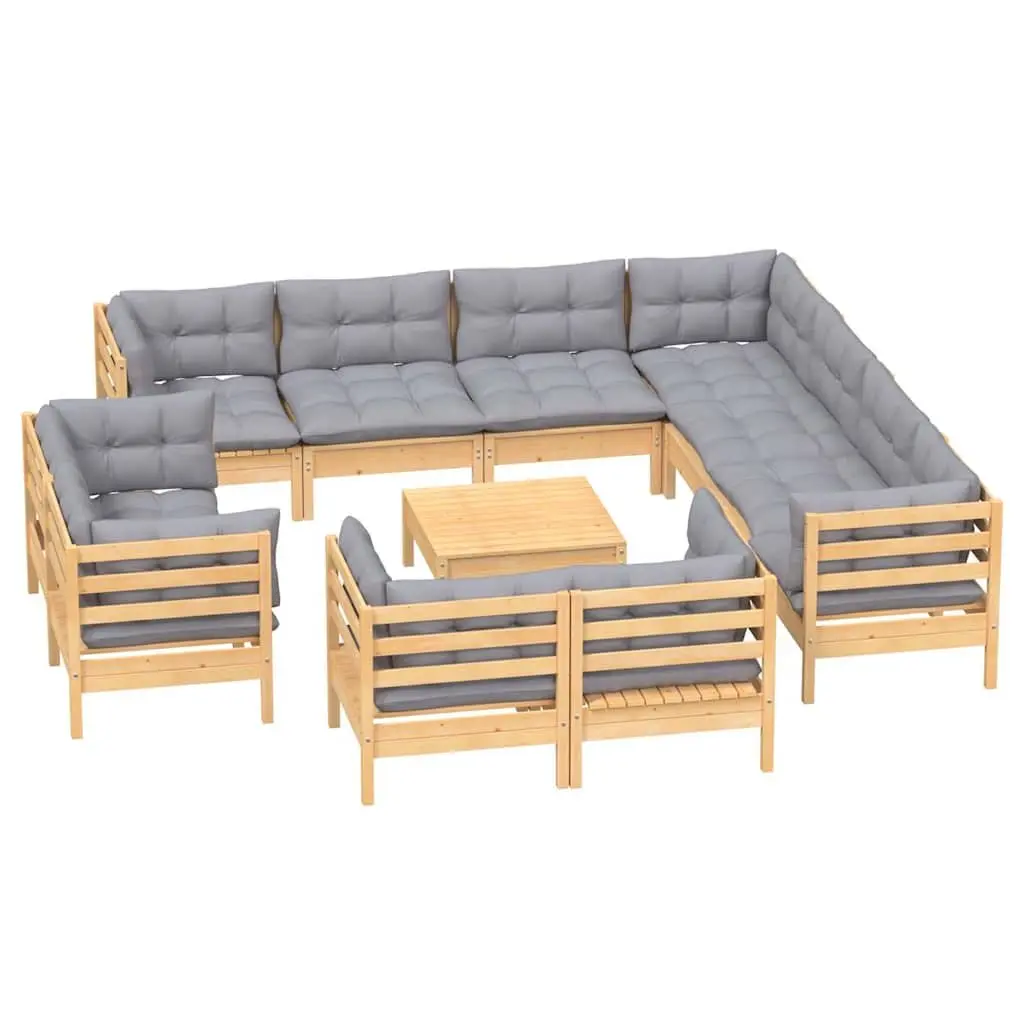 Garden Lounge Set 12 Piece Outdoor Furniture Patio Solid Pinewood Grey Cushions