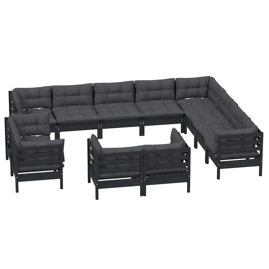 Garden Lounge Set Black 12 Piece Outdoor Patio Furniture Solid Pinewood with Cushions