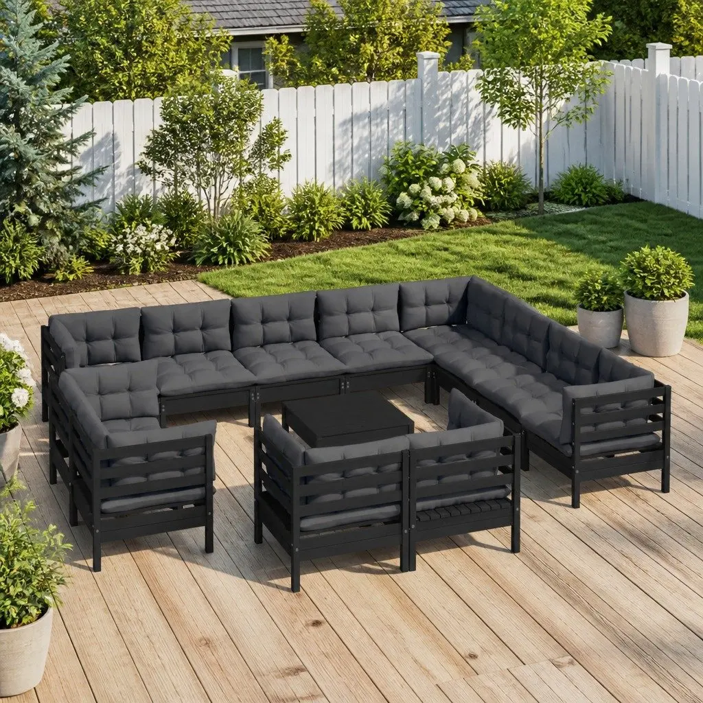Modular Garden Lounge Set Black 13 Piece Solid Pinewood Construction with Cushions