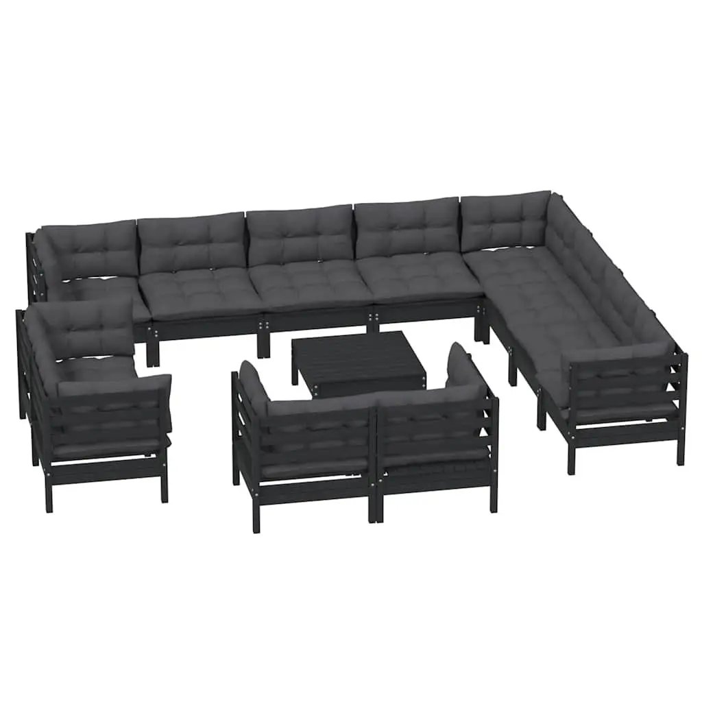 Modular Garden Lounge Set Black 13 Piece Solid Pinewood Construction with Cushions