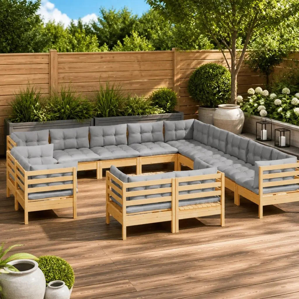 Garden Lounge Set 13 Piece Outdoor Patio Furniture Grey Cushions Pinewood