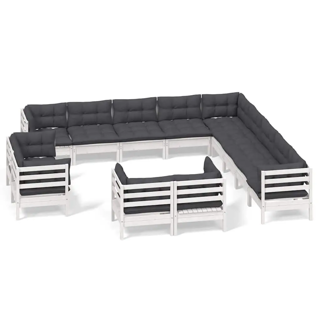 Garden Lounge Set 13 Piece White Solid Pinewood Outdoor Furniture with Cushions