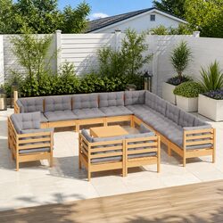 Garden Lounge Set 14 Piece Outdoor Patio Furniture Grey Cushions Pinewood