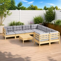 Garden Lounge Set 9 Piece Outdoor Patio Furniture Grey Cushions Wood