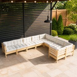 Garden Lounge Set 9 Piece Outdoor Patio Furniture Pinewood with Cream Cushions
