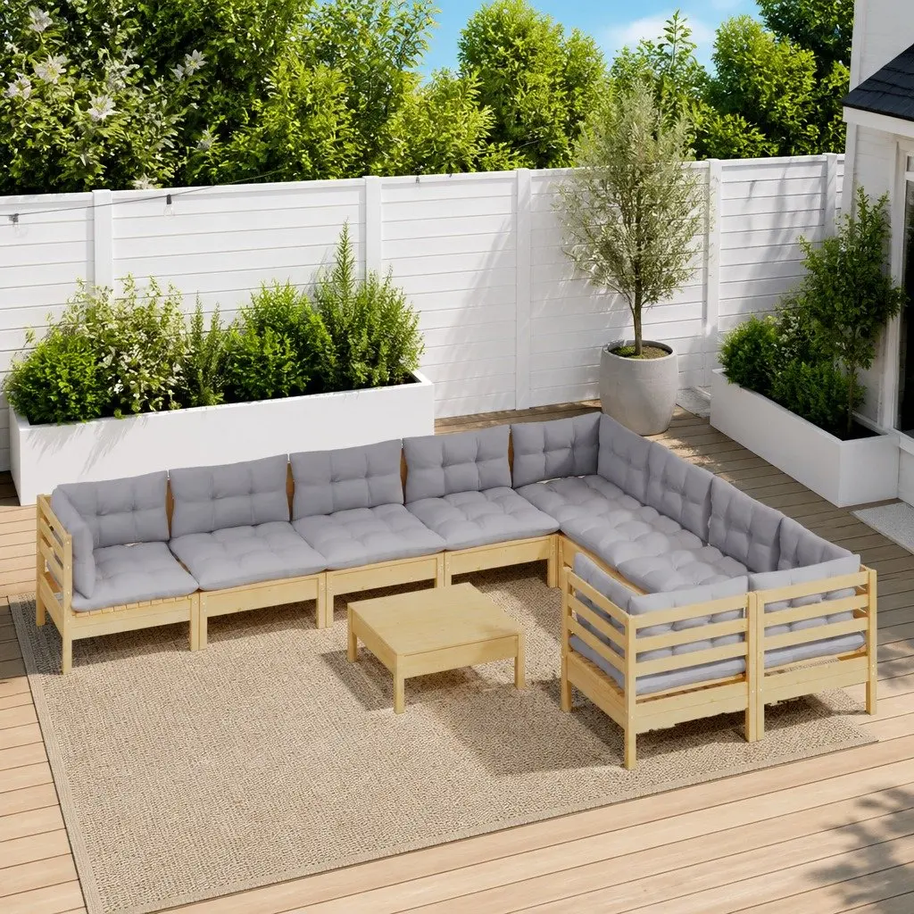 Garden Lounge Set 10 Piece Modular Outdoor Furniture with Grey Cushions Pinewood