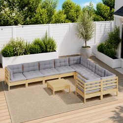 Garden Lounge Set 10 Piece Modular Outdoor Furniture with Grey Cushions Pinewood