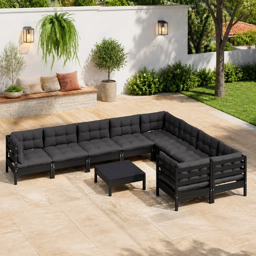Garden Lounge Set Black 10 Piece Outdoor Patio Furniture Pinewood with Cushions
