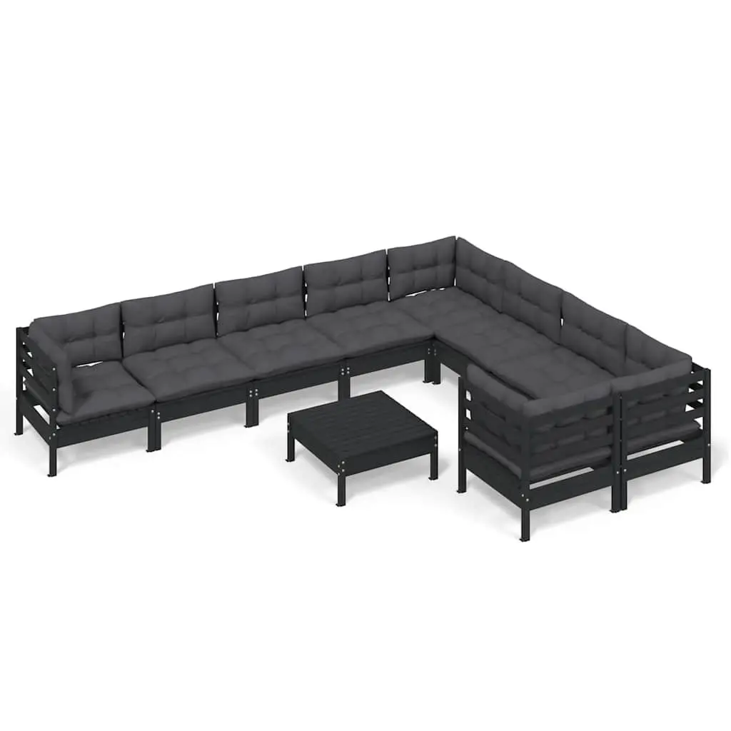 Garden Lounge Set Black 10 Piece Outdoor Patio Furniture Pinewood with Cushions