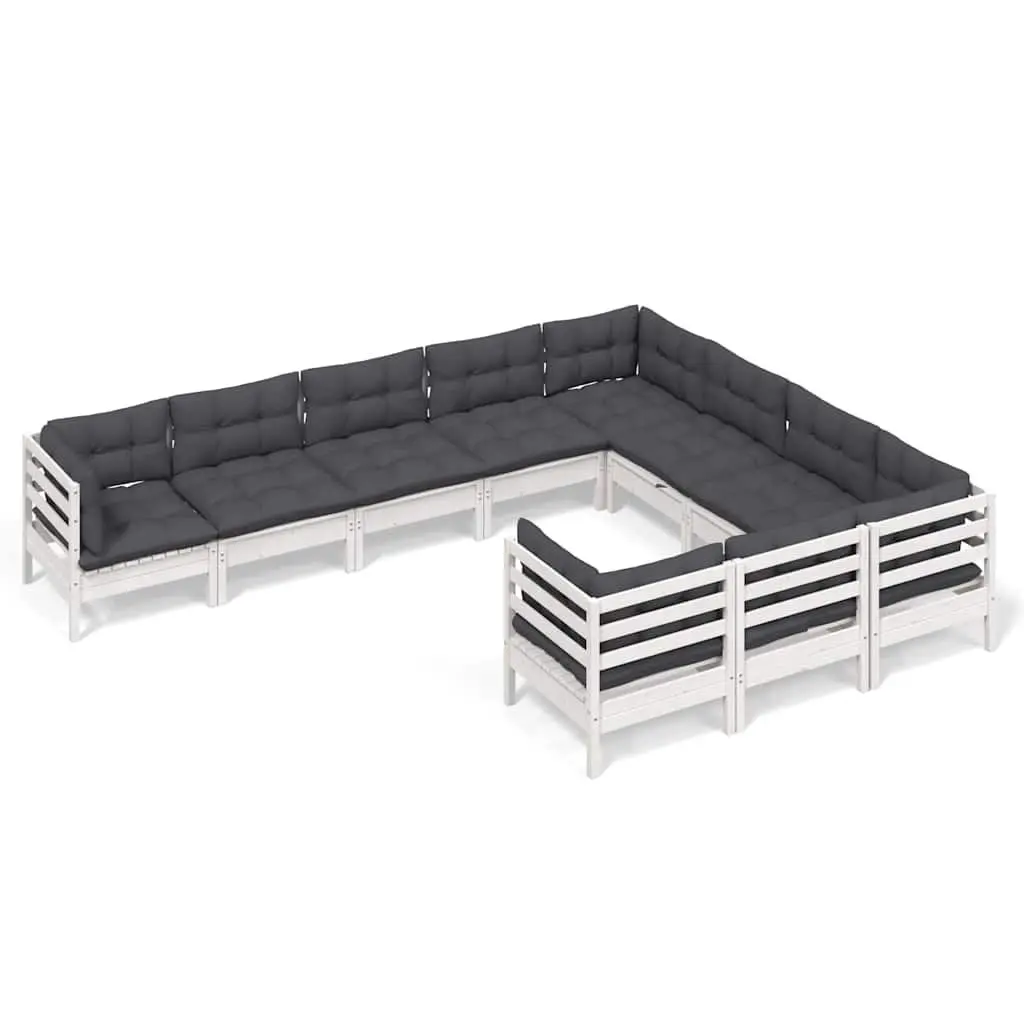 Garden Lounge Set 10 Piece White Pinewood Patio Furniture with Cushions Modular