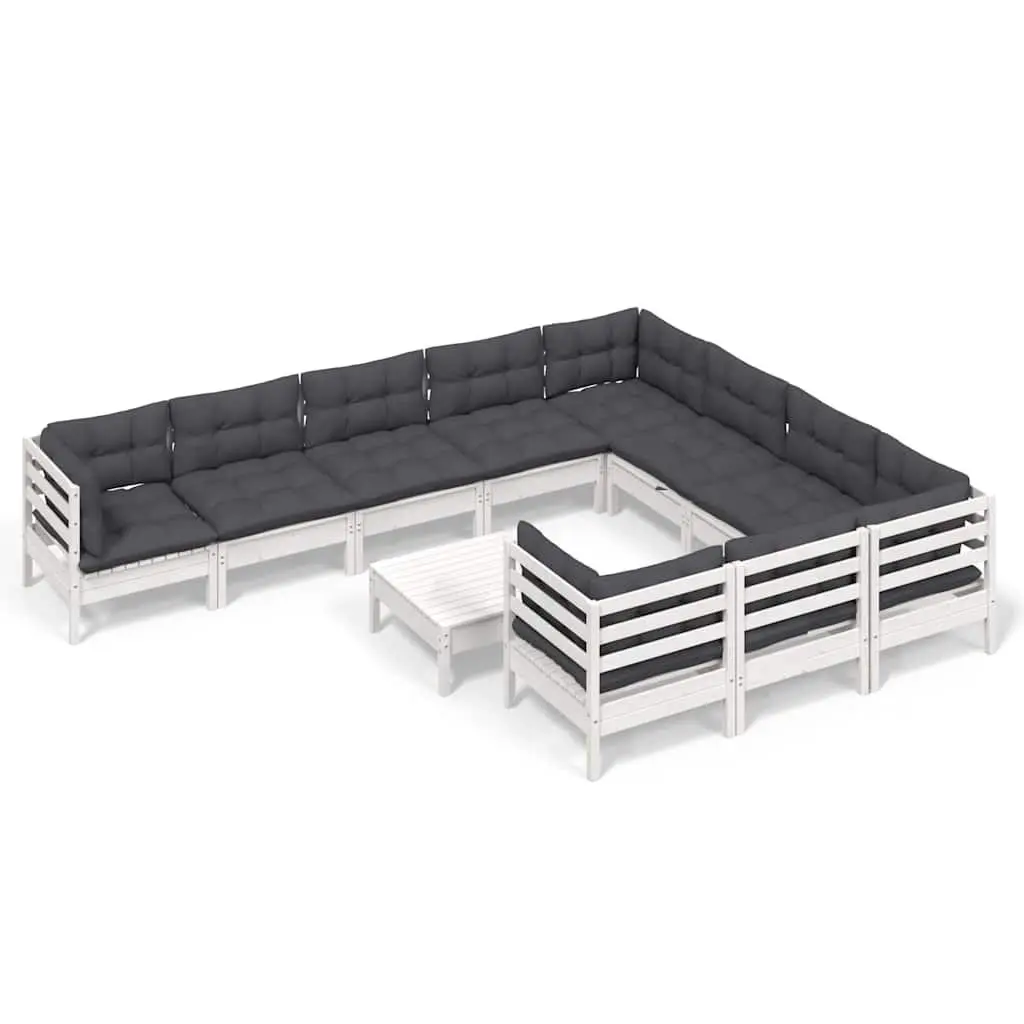 Garden Lounge Set 11 Piece White Pinewood Outdoor Furniture with Cushions Patio