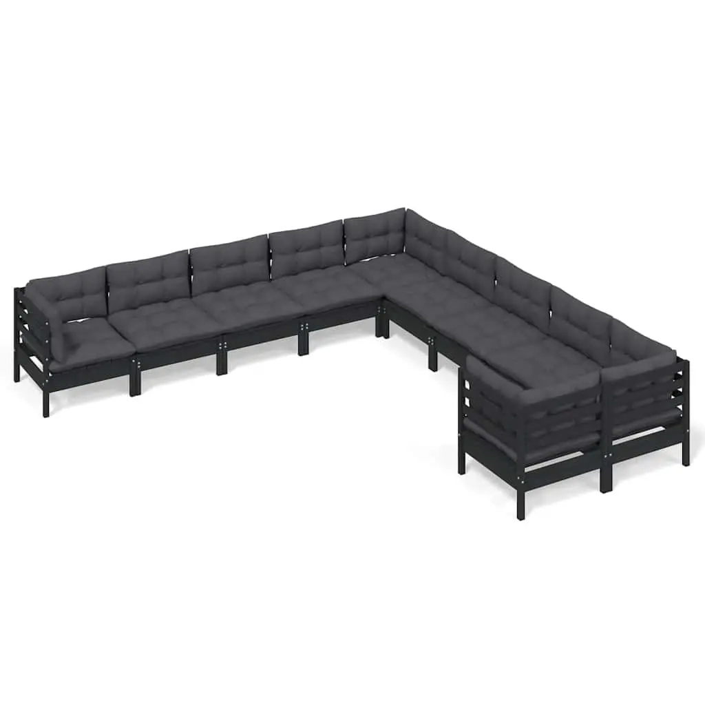 Garden Lounge Set 10 Piece Outdoor Patio Furniture Black Pinewood with Cushions