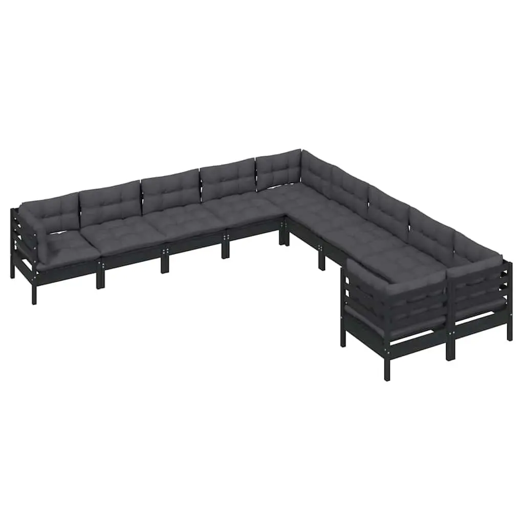 Garden Lounge Set 10 Piece Outdoor Patio Furniture Black Pinewood with Cushions