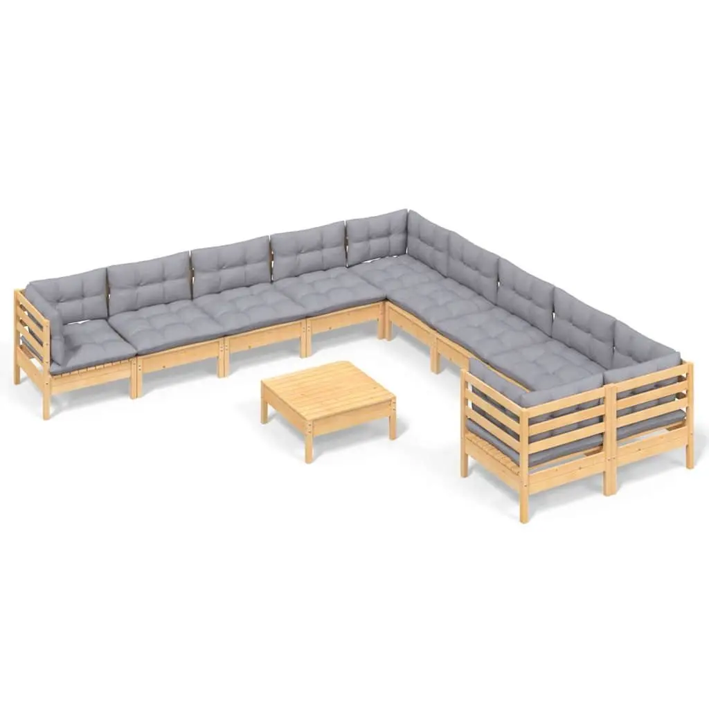 Garden Lounge Set 11 Pieces Wooden Patio Furniture Grey Cushions Outdoor Seating