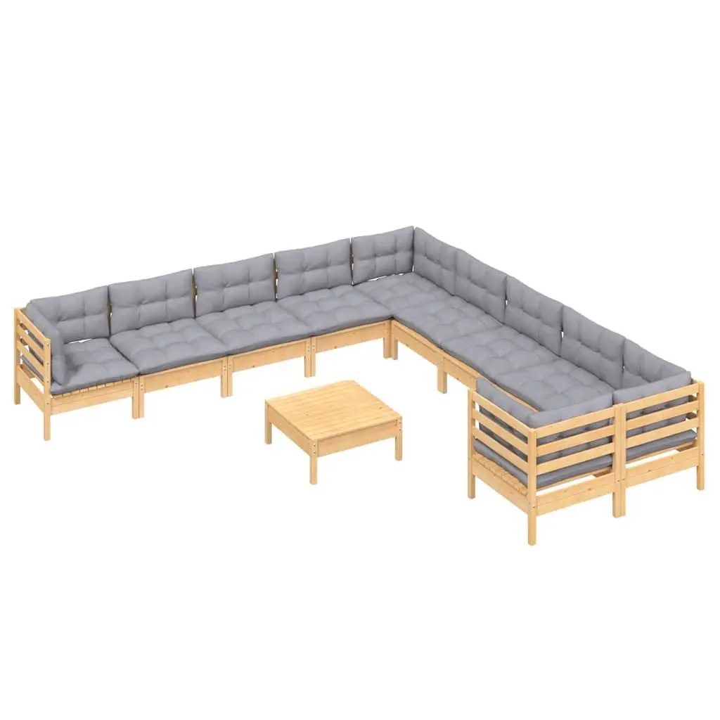 Garden Lounge Set 11 Pieces Wooden Patio Furniture Grey Cushions Outdoor Seating