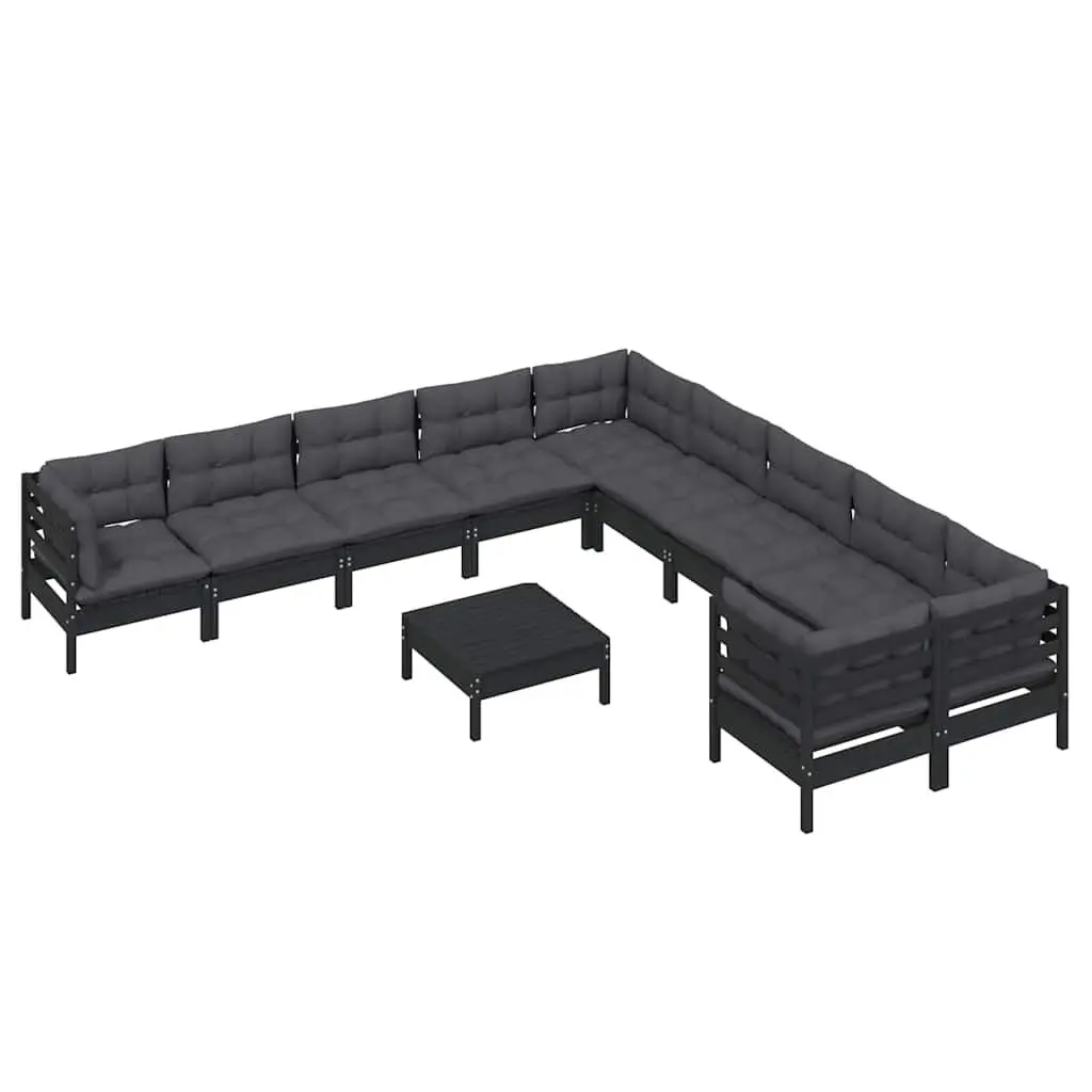 Garden Lounge Set 11 Piece Outdoor Patio Furniture Black Pinewood with Cushions