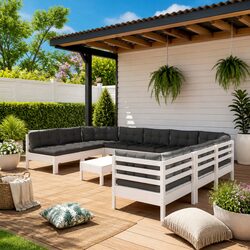 Garden Lounge Set 12 Piece White Pinewood Outdoor Furniture with Cushions