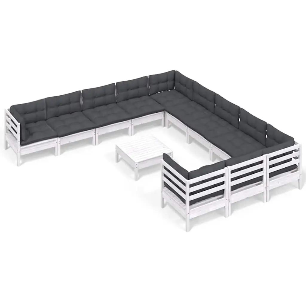 Garden Lounge Set White 12 Piece Solid Pinewood Outdoor Furniture with Cushions