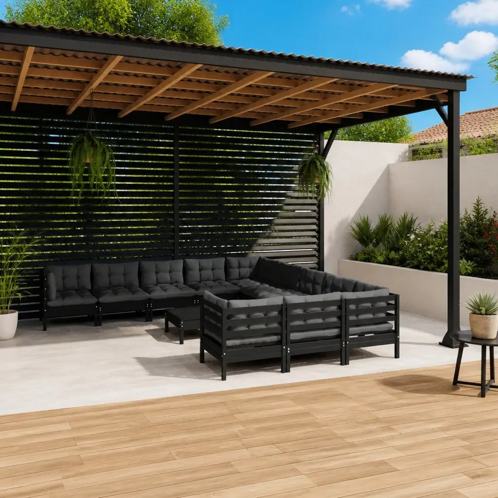 Garden Lounge Set Black 12 Piece Solid Pinewood Outdoor Patio Furniture with Cushions