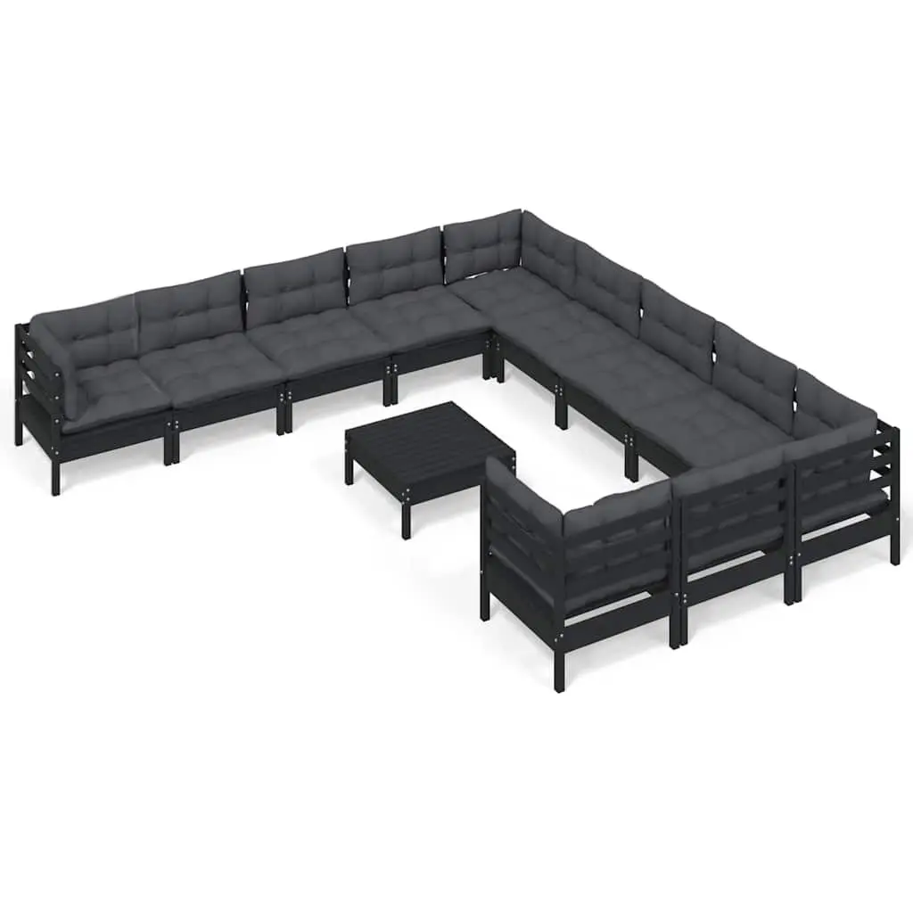 Garden Lounge Set Black 12 Piece Solid Pinewood Outdoor Patio Furniture with Cushions