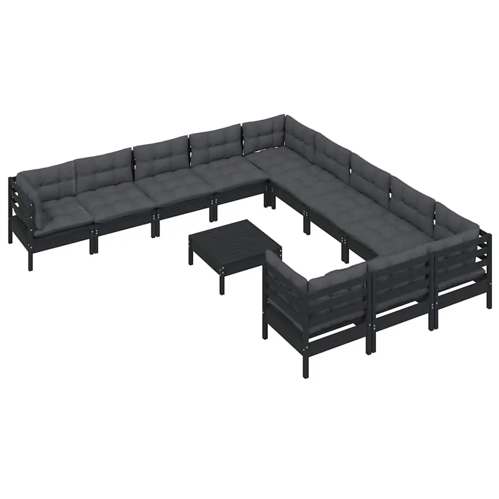Garden Lounge Set Black 12 Piece Solid Pinewood Outdoor Patio Furniture with Cushions