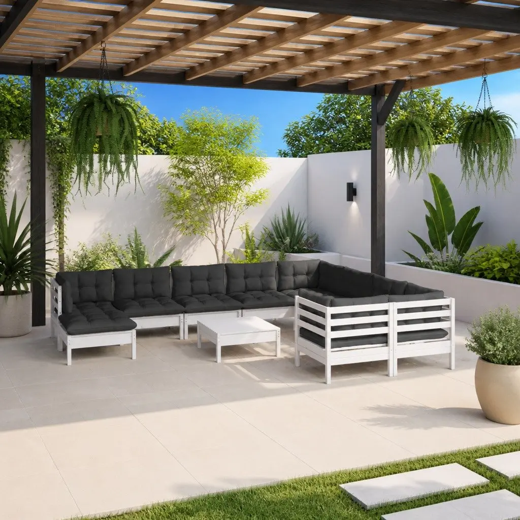 Garden Lounge Set White 11 Piece Pinewood Outdoor Furniture with Cushions
