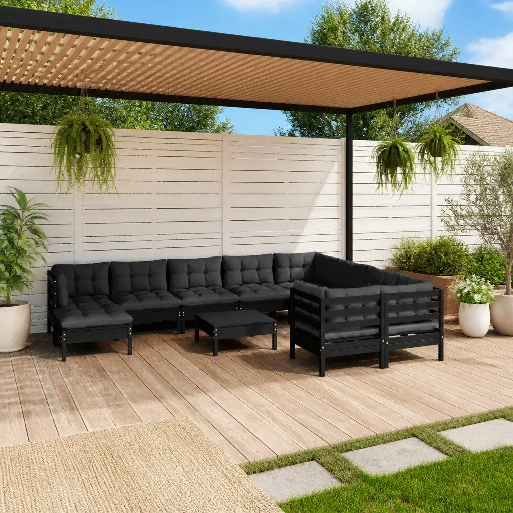 Garden Lounge Set 11 Piece Outdoor Patio Furniture Black Pinewood with Cushions