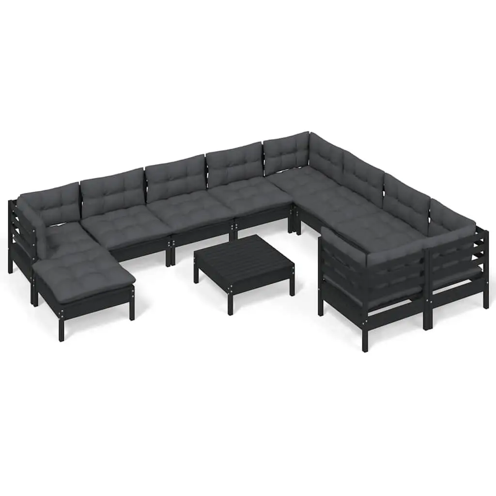 Garden Lounge Set 11 Piece Outdoor Patio Furniture Black Pinewood with Cushions
