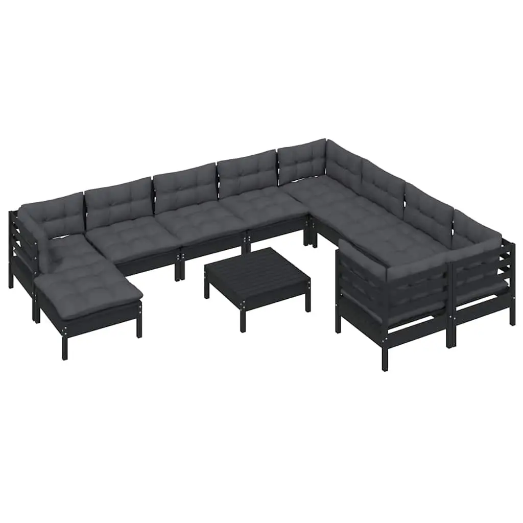 Garden Lounge Set 11 Piece Outdoor Patio Furniture Black Pinewood with Cushions