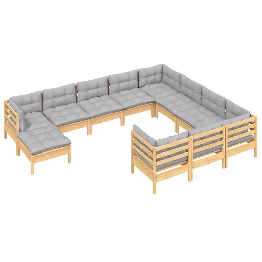 Garden Lounge Set 11 Piece Outdoor Patio Furniture Grey Cushions Pinewood