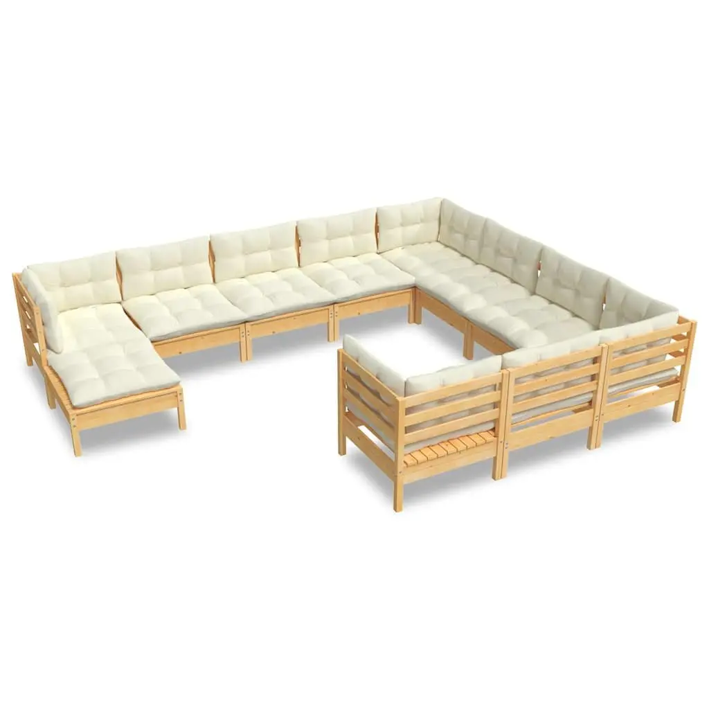 Garden Lounge Set 11 Piece Outdoor Patio Furniture Pinewood with Cream Cushions