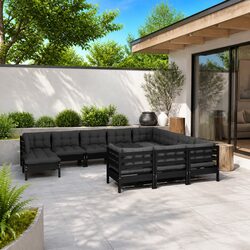 Garden Lounge Set 11 Piece Outdoor Patio Furniture with Cushions Black Pinewood