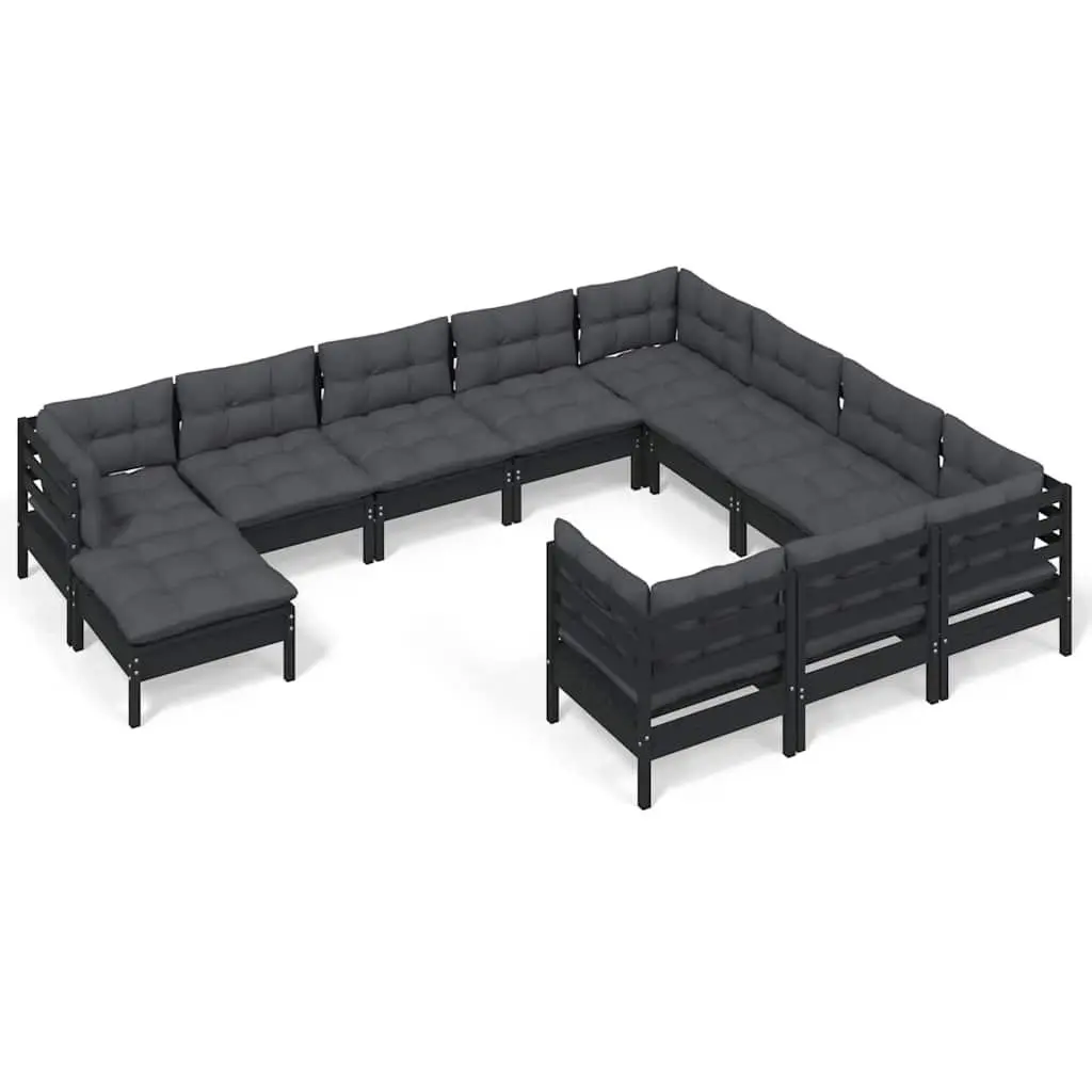 Garden Lounge Set Black 11 Piece Outdoor Patio Furniture with Cushions Pinewood
