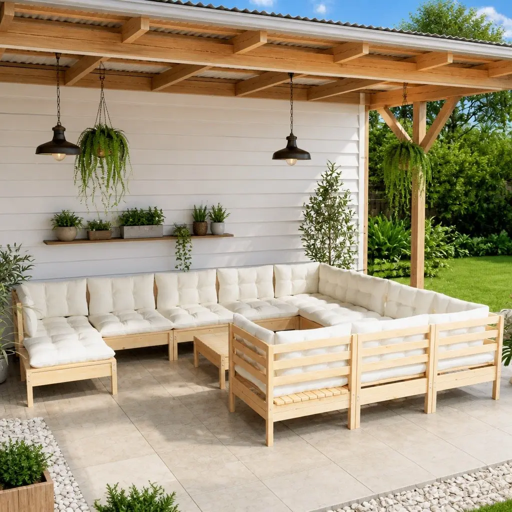 Garden Lounge Set Cream 12 Piece Modular Outdoor Patio Furniture Pinewood