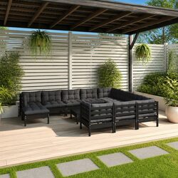 Garden Lounge Set 12 Piece Outdoor Patio Furniture Black Pinewood with Cushions