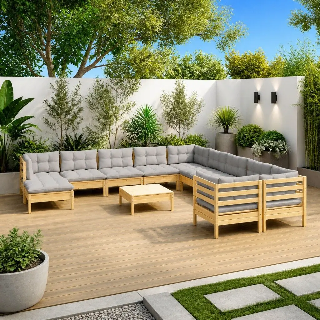 Outdoor Lounge Set Grey 12 Piece Pinewood Modular Furniture