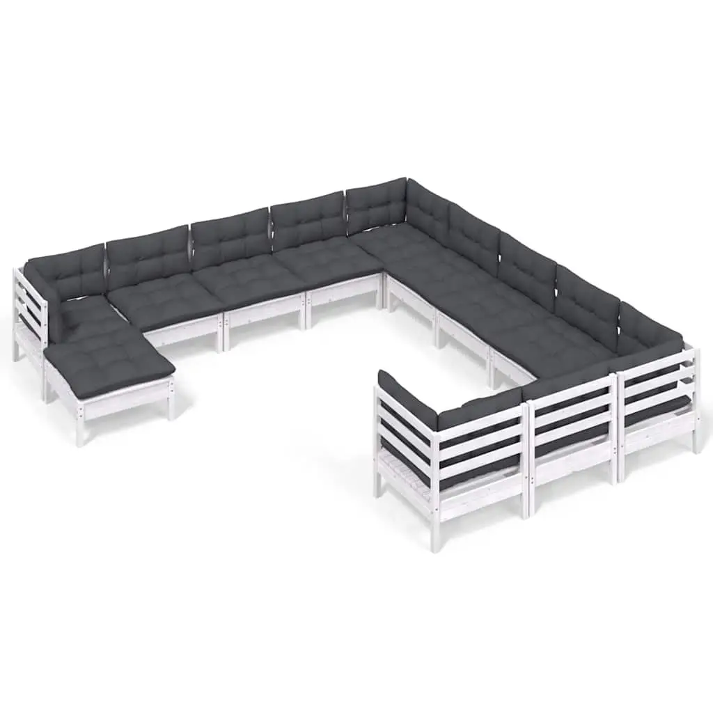 Garden Lounge Set White 12 Piece Solid Pinewood Outdoor Furniture with Cushions