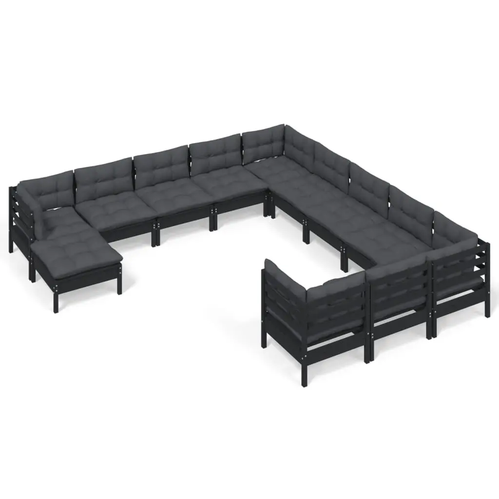 Garden Lounge Set Black 12 Piece Pinewood Modular Patio Furniture with Cushions